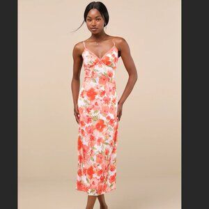 Lulus Mattie Orange Floral Satin Lace Midi Slip Dress